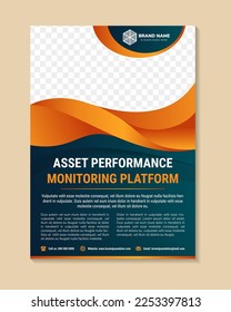 diseño de plantillas de volante para la promoción de la plataforma de monitoreo del rendimiento de activos. disposición vertical con espacio para la foto. elementos de gradiente naranja de la curva de onda. fondo azul oscuro. espacio para el collage de fotos.