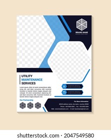 Flyer template design for promotion of utility maintenance service company. vertical layout with hexagon space for photo. dark and bright blue elements. white background.