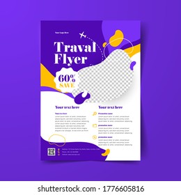 Flyer template design with yellow and purple abstract background in A4 size. Vector Illustration 
