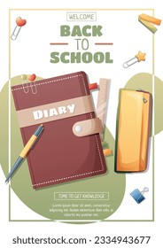 Plantilla de volante con diario con estuche de lápiz. Tiempo escolar, de vuelta a la escuela, educación. Volante, afiche, tamaño de banner a 4