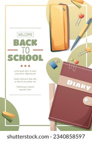 Plantilla de volante con diario con estuche de lápiz. Tiempo escolar, de vuelta a la escuela, educación. Volante, afiche, tamaño de banner a 4
