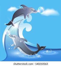 Flyer template with dolphins leaps from water