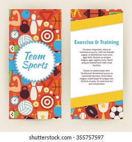 Flyer Template of Exercise and Training Sport Objects and Elements. Flat Style Design Vector Illustration of Brand Identity for Workout and Dieting Promotion. 