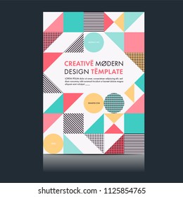 Flyer template with geometric shapes and patterns, 80s memphis geometric style. Vector illustrations.