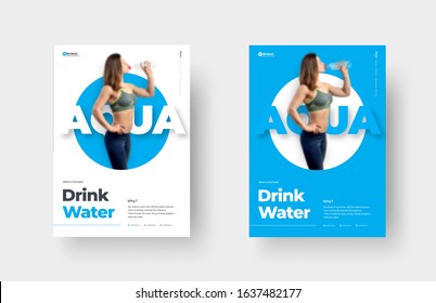 Flyer template with a girl on a blue and white background. Design a poster with a circle in the center for the presentation and advertising of health, sports and nutrition. Vector brochure for print.