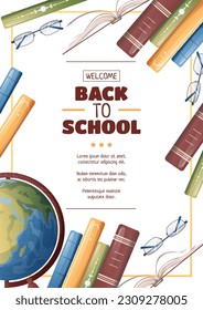 Plantilla de volante con globo y libros. Tiempo escolar, de vuelta a la escuela, educación. Volante, afiche, tamaño de banner a 4