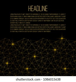 Flyer Template. Golden abstract grid with sparks on a black background. There is place for text. Suitable for scientific, technological, biological, social theme