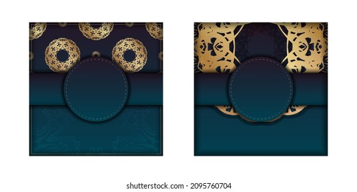 Flyer template with gradient blue color with mandala gold ornament prepared for printing.