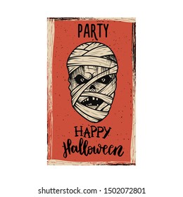 Flyer template of Halloween party. Evil mummy on grunge background. Design element for poster, card, banner. Vector illustration