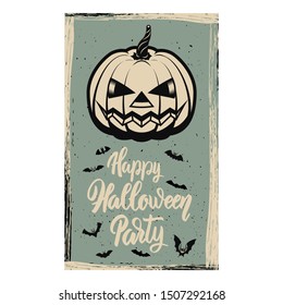 Flyer template of Halloween party. Evil pumpkin on grunge background. Design element for poster, card, banner. Vector illustration
