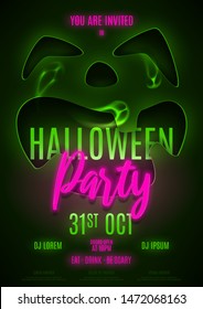 Flyer template for Halloween party. Invitation to night club with neon text. Halloween greeting card. Vector illustration with transparent ghosts.