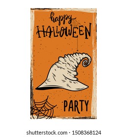 Flyer template of Halloween party. Witch hat on grunge background. Design element for poster, card, banner. Vector illustration
