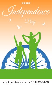 Flyer template for Happy Independence Day of India in the colors of the national flag. Vector image of the Ashok Chakra Dharmachakra Wheel of Law and a silhouettes of three doves over joy a family.
