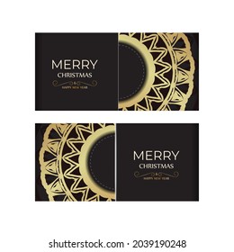 Flyer template Happy New Year and Merry Christmas in black color with gold pattern.