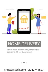 Flyer template for home delivery. Characters buy goods online. Vector illustration.