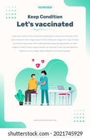 Flyer Template Illustration of a nurse vaccinating a patient, with a syringe, a vaccine bottle, table, chair and plants