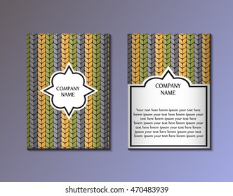 Flyer template with knitten pattern. Greeting card design. Front page and back page. Vector.