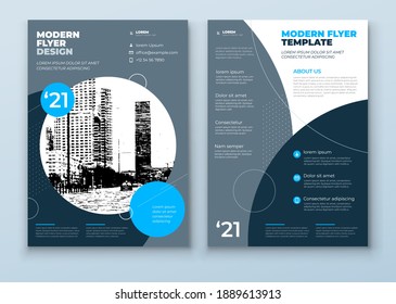 Diseño de diseño de plantilla de volante. Mofa de viajero de negocios Blue and Grey Corporate. Concepto creativo moderno de volante vectorial con formas abstractas dinámicas en segundo plano