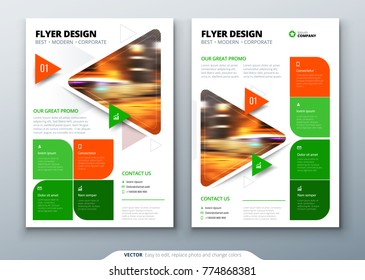 Flyer Template Layout Design. Business Flyer, Brochure, Magazine Or Flier Mockup With Triangular In Bright Colors. Vector