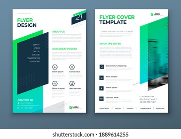 Flyer Template Layout Design. Green And Teal Corporate Business Flyer Mockup. Creative Modern Vector Flier Concept With Dynamic Abstract Shapes On Background