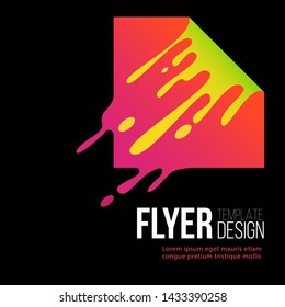Flyer template with liquid colorful square splashing in motion flat style, vector illustration isolated on black background. Cover design with foursquare geometric shape with fluid splattering drops
