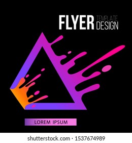 Flyer template with liquid purple triangle frame splashing in motion flat style, vector illustration isolated on black background. Cover design with purple trigon border with fluid splattering drops