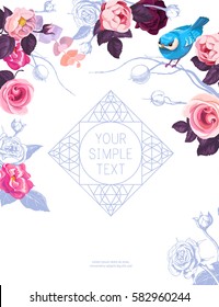 Flyer template with lovely half-colored rose flowers and little bird on white background. Vector illustration for greeting card, bridal party or wedding invitation, website announcement, postcard
