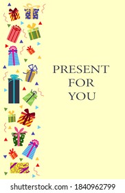 Flyer template with multicolored gifts. Vector illustration on a white background. Bright illustration for packaging, holidays, decor, discounts. 