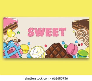 Flyer template on baking and sweets. Illustration suitable for design of labels, menus, signs of pastry shop