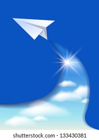 Flyer template with paper airplane and clouds sky