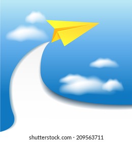 Flyer template with paper airplane and clouds sky