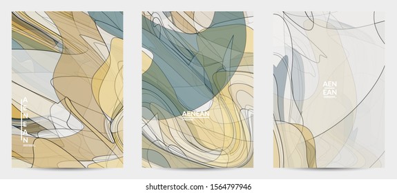 Flyer template with pastel colored  transparent overlapping shapes creating vector mixture of acrylic paint or watercolor effect. Marble texture flat colors simple organic shapes. Nature earth design.