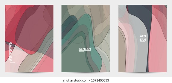 Flyer template with pastel colored  transparent overlapping shapes creating vector mixture of acrylic paint or watercolor effect. Marble texture flat colors simple organic shapes. Nature earth design.