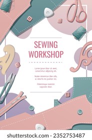 Flyer template with pattern, thread, pattern, scissors. Needlework, hobby, sewing. Poster, banner for sewing shop, workshop, atelier