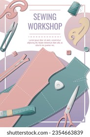 Flyer template with pattern, thread, pattern, scissors. Needlework, hobby, sewing. Poster, banner for sewing shop, workshop, atelier