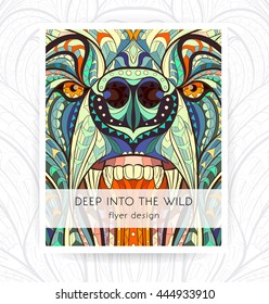 Flyer template with patterned head of the bear. African / indian / totem / tattoo design. It may be used for design of a t-shirt, bag, postcard, a poster, brochure and so on.  