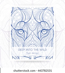 Flyer template with patterned head of the lion. African / indian / totem / tattoo design. It may be used for design of a t-shirt, bag, postcard, a poster, brochure and so on.  
