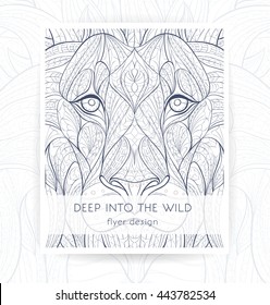 Flyer template with patterned head of the lion. African / indian / totem / tattoo design. It may be used for design of a t-shirt, bag, postcard, a poster, brochure and so on.  