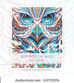 Flyer template with patterned owl. Tattoo design. It may be used for design of a t-shirt, bag, postcard, a poster, brochure and so on. Cover template with owl 