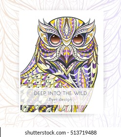 Flyer template with patterned owl. Tattoo design. It may be used for design of a t-shirt, bag, postcard, a poster, brochure and so on. Cover template with owl 