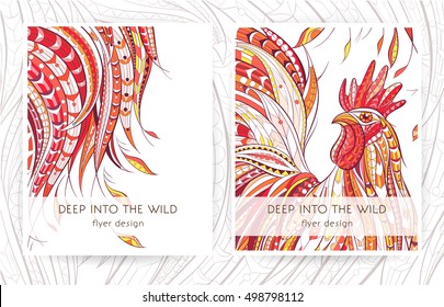 Flyer template with patterned rooster. Symbol of Chinese New Year /  African / indian / totem / tattoo design. It may be used for design of a t-shirt, bag, postcard, a poster, brochure and so on.  