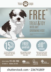 Flyer template for a pet store or groomer with discount coupons and advertisement featuring a cute puppy.