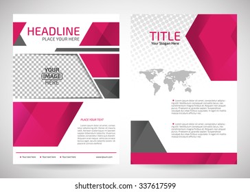 Flyer template place for pictures. Business brochure. Editable A4 poster for design, education, presentation, website, magazine cover. Pink color.