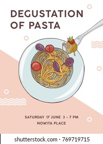 Flyer template with plate of appetizing spaghetti with tomatoes. Degustation of pasta, delicious traditional Italian meal.  Colorful vector illustration for restaurant event promotion, advertisement.