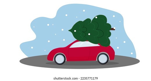 flyer template with a red car carrying a Christmas tree on the roof. Vector illustration. Winter illustration. New Year Celebrations