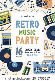 Flyer Template For Retro Music Party. Ad Poster Design For Nostalgia Musical Event In 60s And 70s Style. Advertising Background With Vinyl And Cassettes Frame. Flat Vector Illustration Of Promo Card