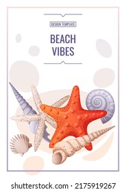 Flyer template with seashells and orange starfish. Banner, flyer, poster A4 size for advertising.