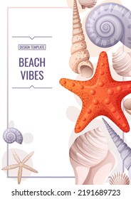 Flyer template with seashells and orange starfish. Banner, flyer, poster A4 size for advertising.