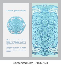 Flyer template set with flower mandala in blue color
