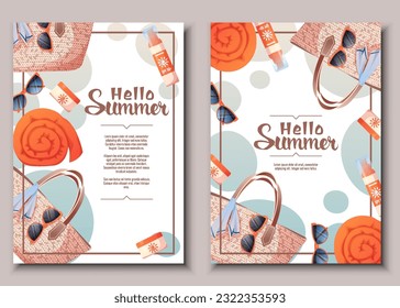 Flyer template set with summer accessories. Wicker bag, towel, sunscreen. Beach vibe, summer time. Banner poster, background for summer party, advertising promotion, invitation